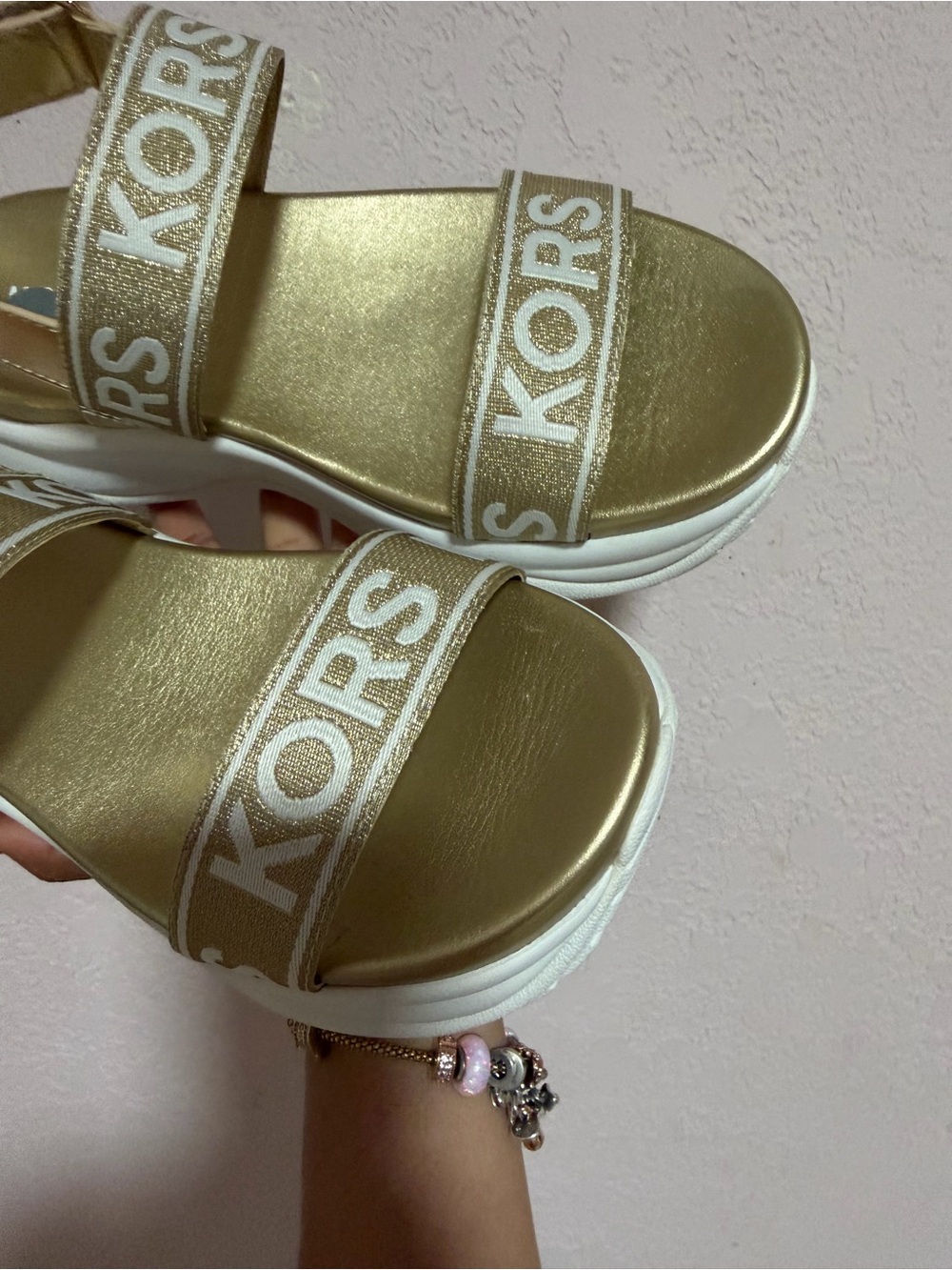 Michael Kors Gold Logo Strap Platform Sandals with White Sole - Picture 5 of 7